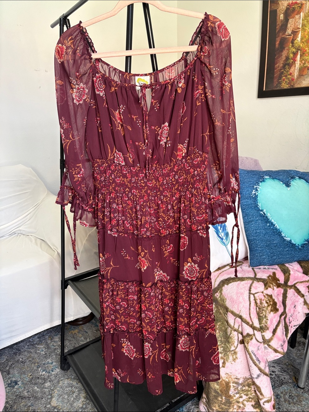 fig and flower Burgundy Floral Off-Shoulder Maxi Dress